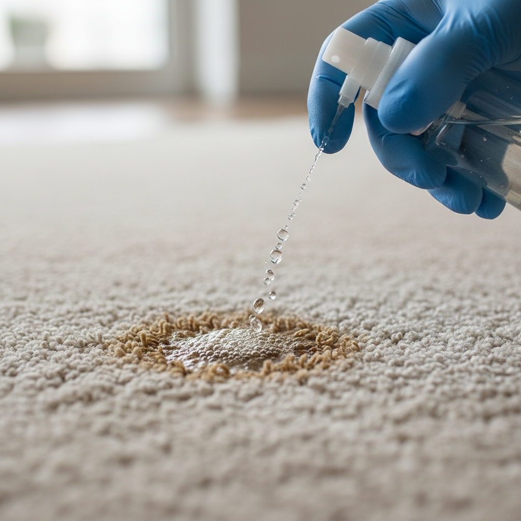 Artimas dėmės šalinimo kilimo pluošto vaizdas naudojant specialų valiklį