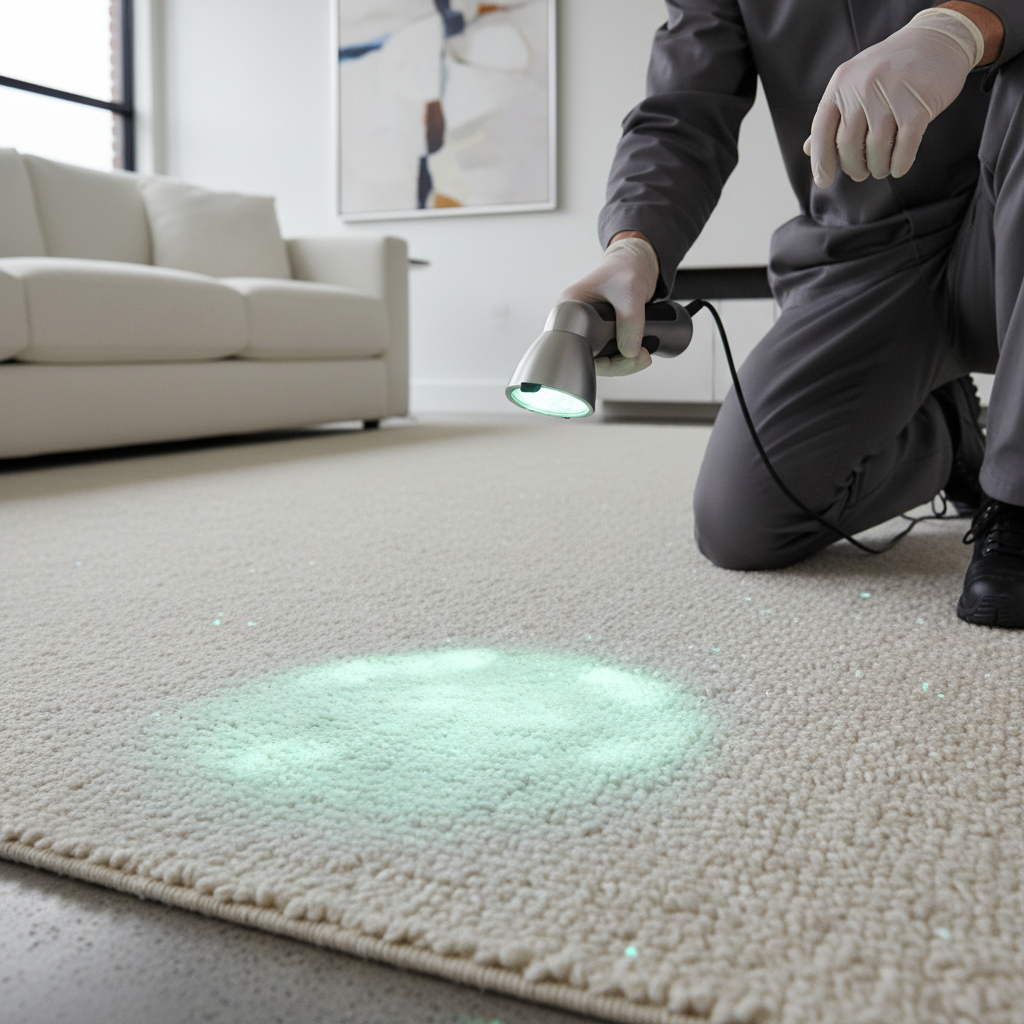 UV lempa atskleidžia bakterijų židinius ant kilimo tamsiais šviesos taškais