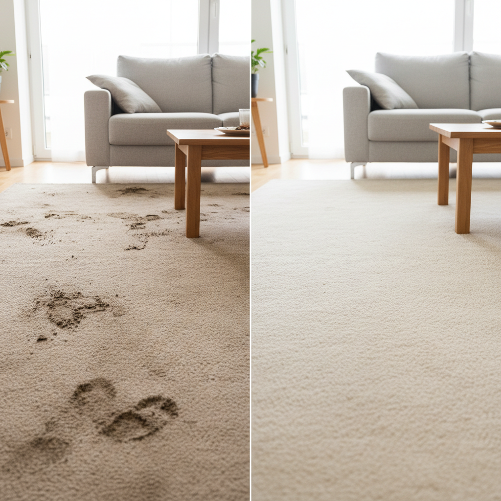 Kilimo prieš ir po valymo dviejų pusių palyginimas – kairėje nešvarus, dešinėje švarus