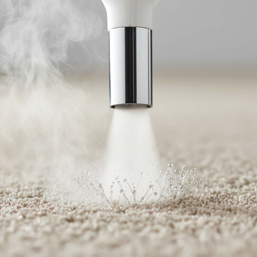 Artimas garų purkštuko ir kilimo pluoštų vaizdas