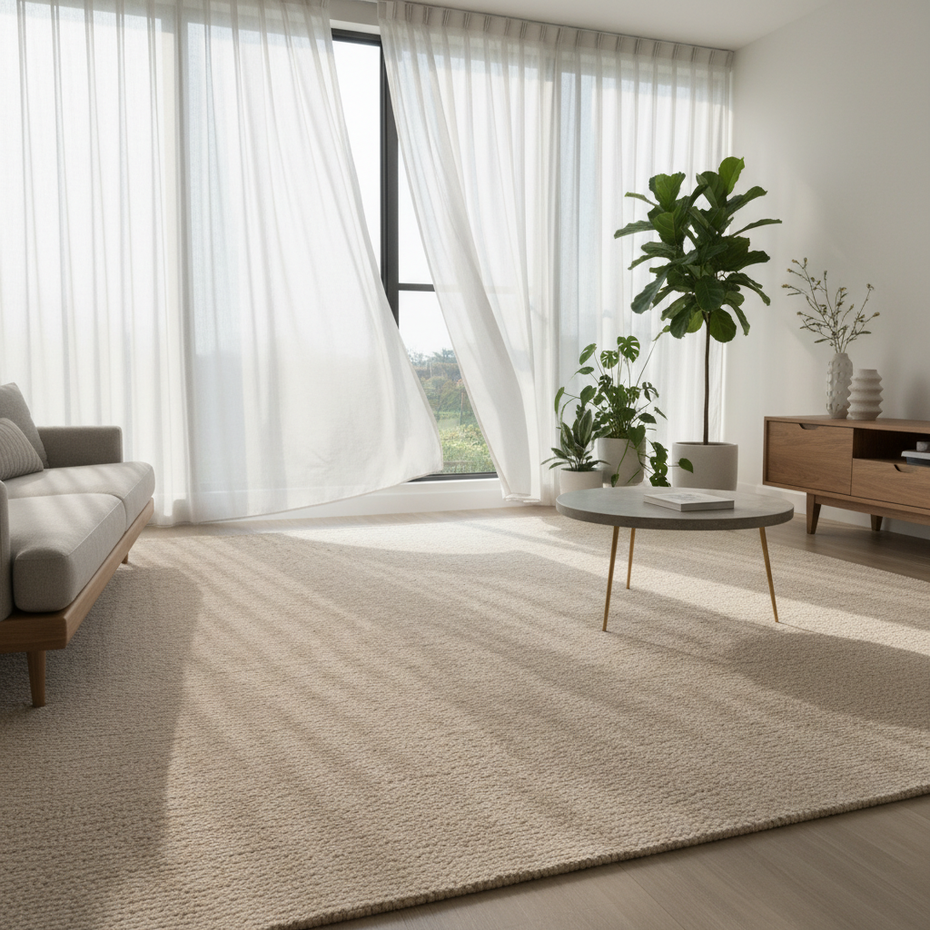 Švarus kilimas džiūsta prie atverto lango saulėtoje patalpoje