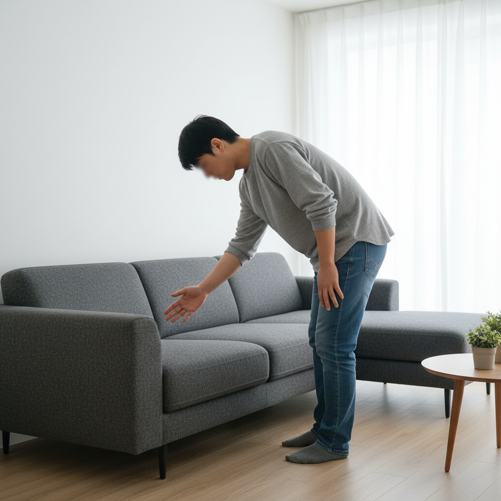 Asmuo tikrina sofos kvapą, vartydamas ranką virš audinio