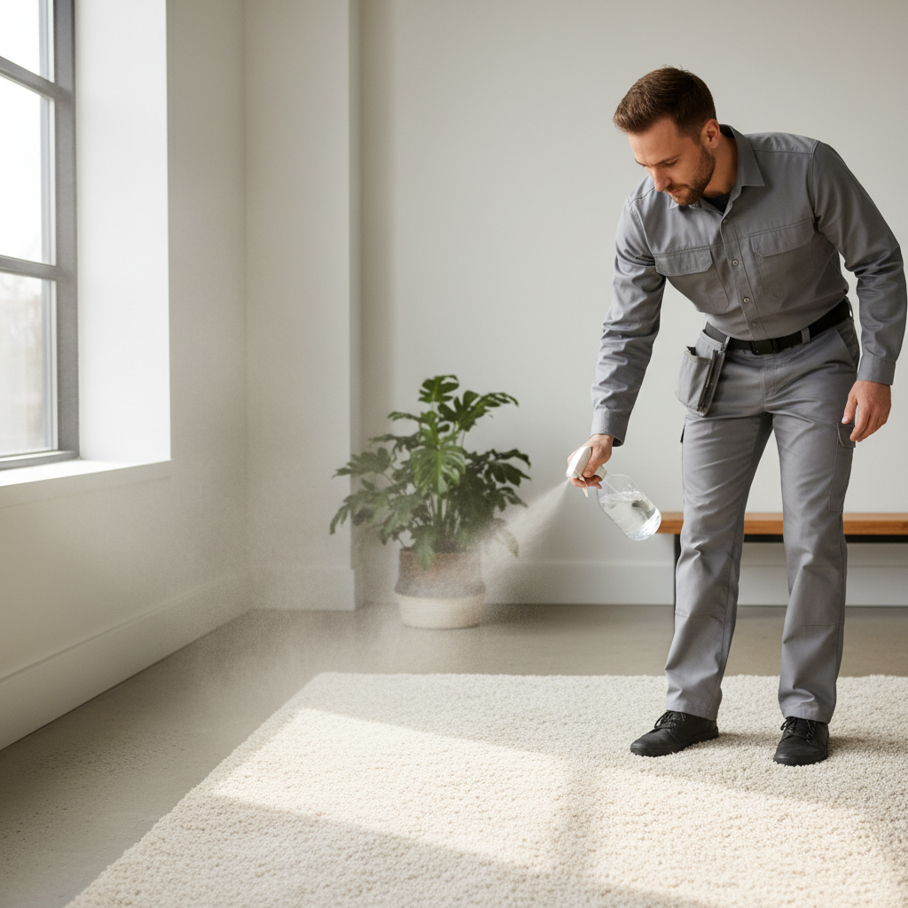 Kvapo šalinimo apdorojimas ekologišku purškalu ant kilimo
