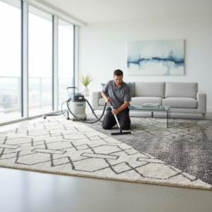 Švarus kilimas gyvenamajame kambaryje po profesionalaus valymo