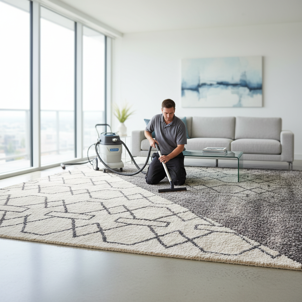Švarus kilimas gyvenamajame kambaryje po profesionalaus valymo
