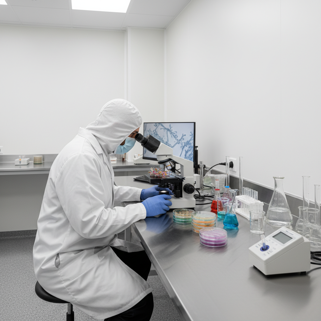 Mikrobiologas tiria kilimo mėginį laboratorijoje