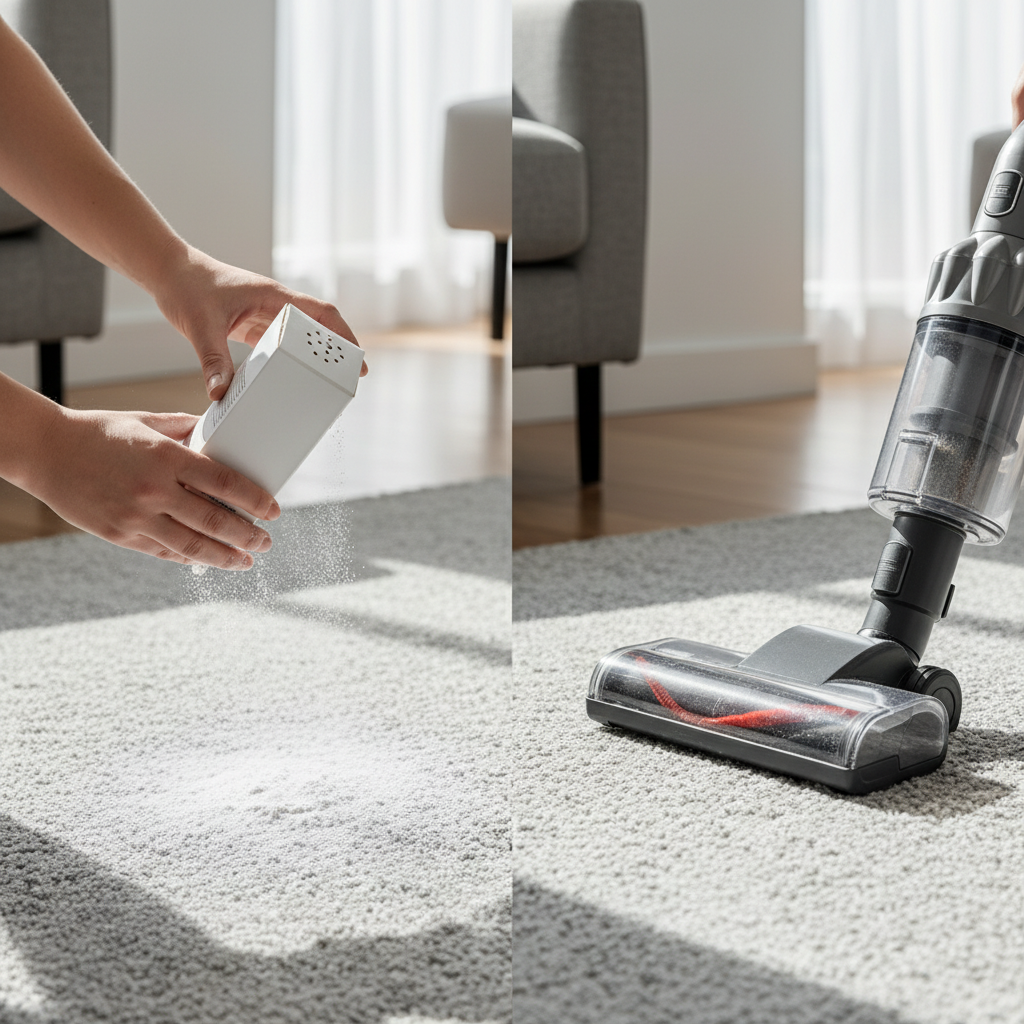 Kepimo sodą barstantis ir siurbiantis asmuo ant kilimo kvapams naikinti