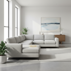 Sofa su pastebima šlapimo dėme gyvenamajame kambaryje