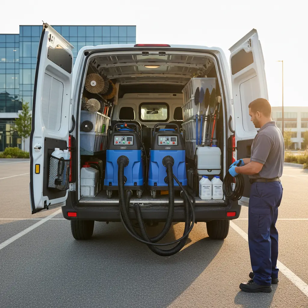 Pramoninė kilimų valymo įranga sutvarkyta automobilio bagažinėje prieš išvykstant į darbą