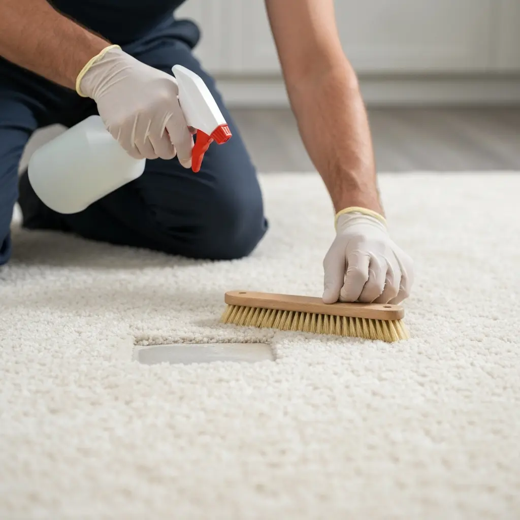 Technikas purškia pH neutralią tirpalą ant kilimo ir lengvai šepetėliu apdoroja plotą.