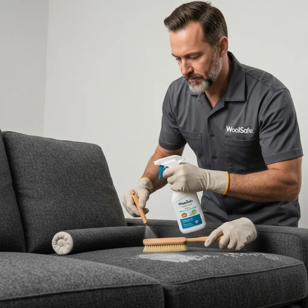 Artimas vaizdas: technikas purškia WoolSafe cheminį tirpalą ant vilnonės sofos ir švelniai valo