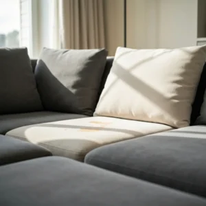Sofa su maisto dėme ir švaria zona